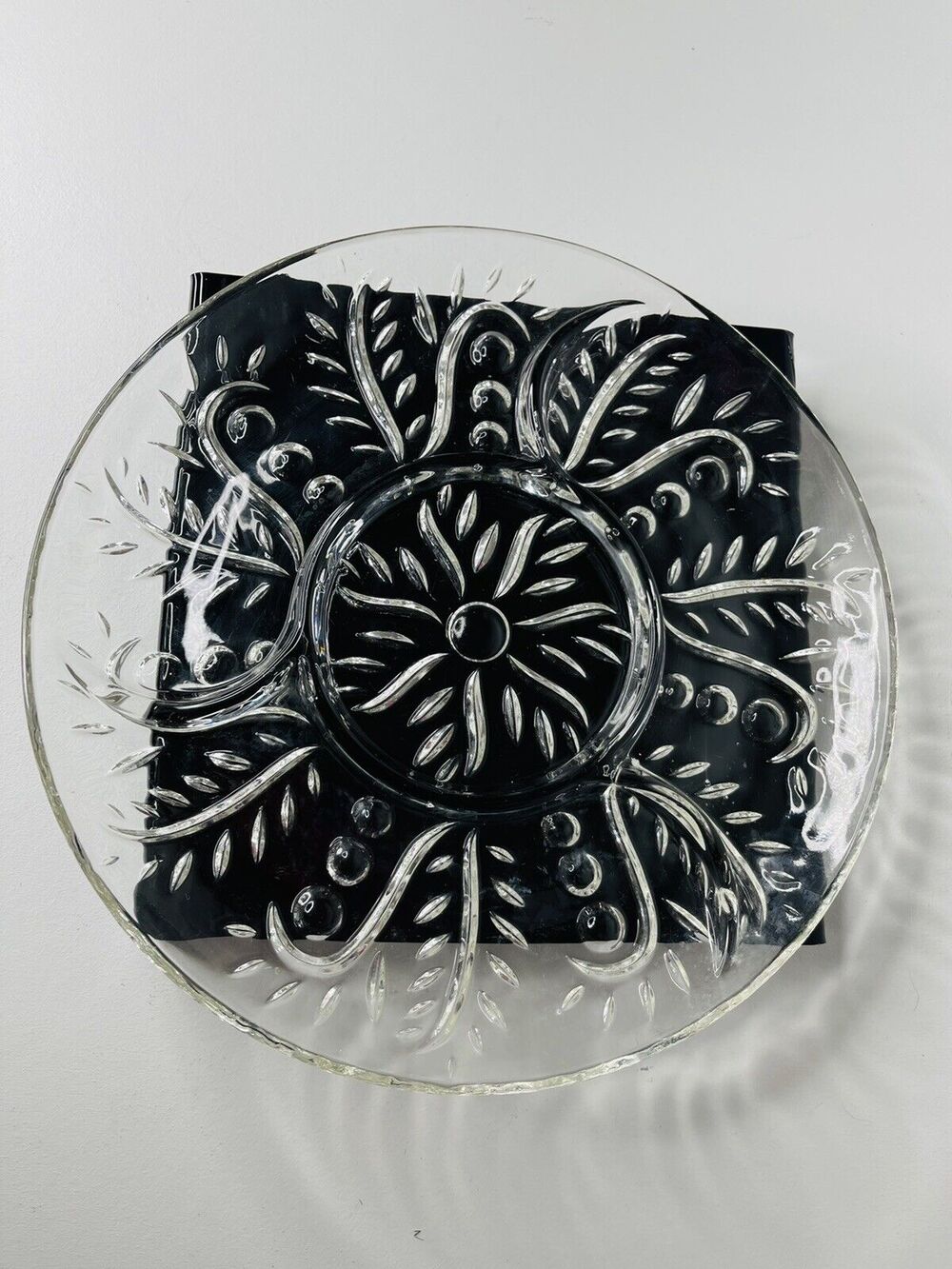 Glass Platter Serving Clear Divided Swirled Sections Dot Leaf Home